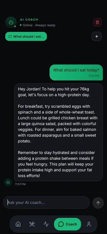 Wyvo AI coach chat answering a question about what to eat today