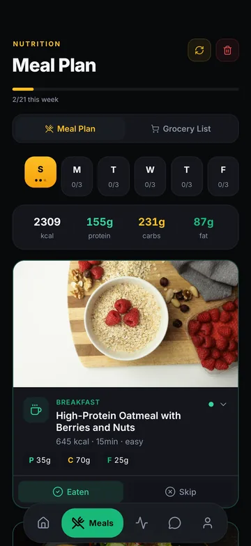 Wyvo meal plan screen with daily calories, macros and a breakfast meal card