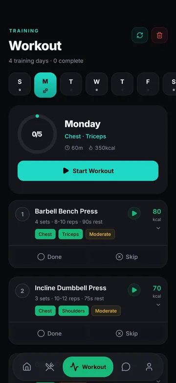 Wyvo workout screen with the week schedule and a list of exercises with sets, reps and rest