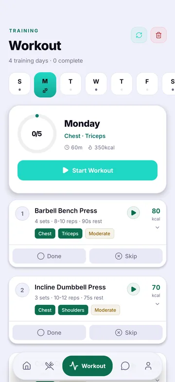 Wyvo workout screen with the week schedule and a list of exercises with sets, reps and rest